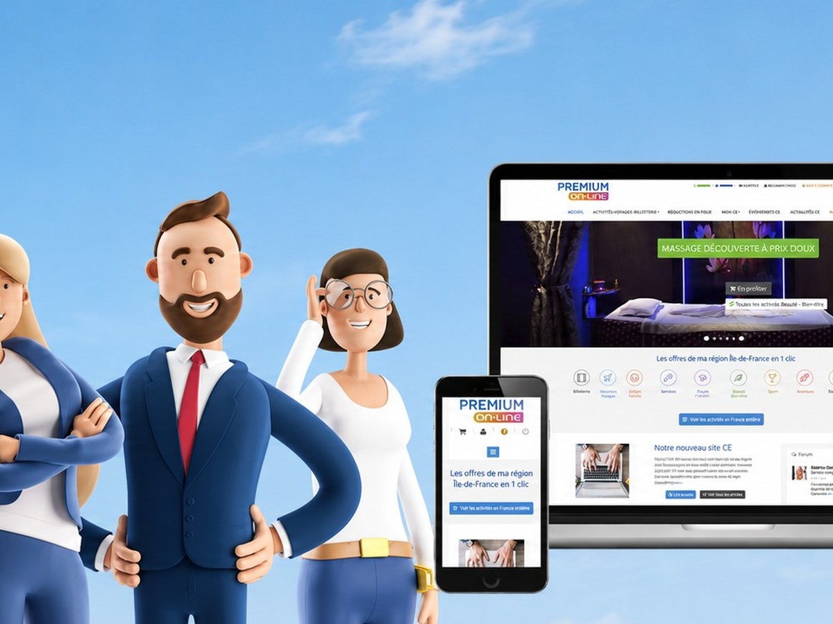 Le site CE Premium sur ordinateur et mobile, entouré des bénéficiaires